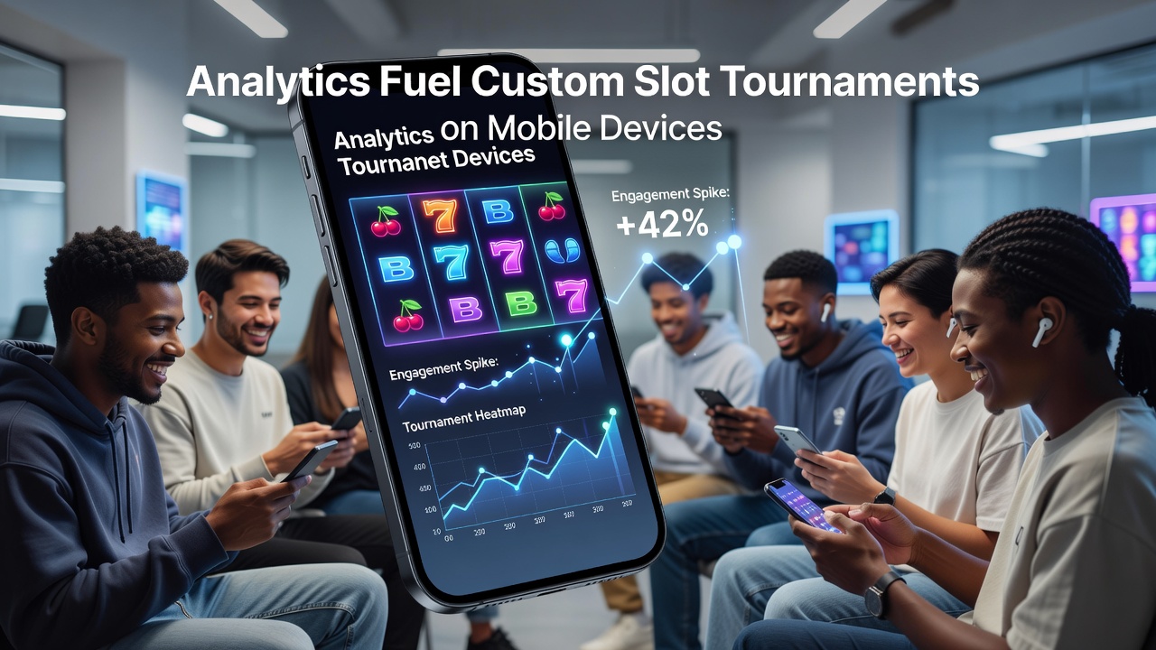 Mobile device displaying a custom slot tournament interface with real-time analytics overlays and player engagement metrics