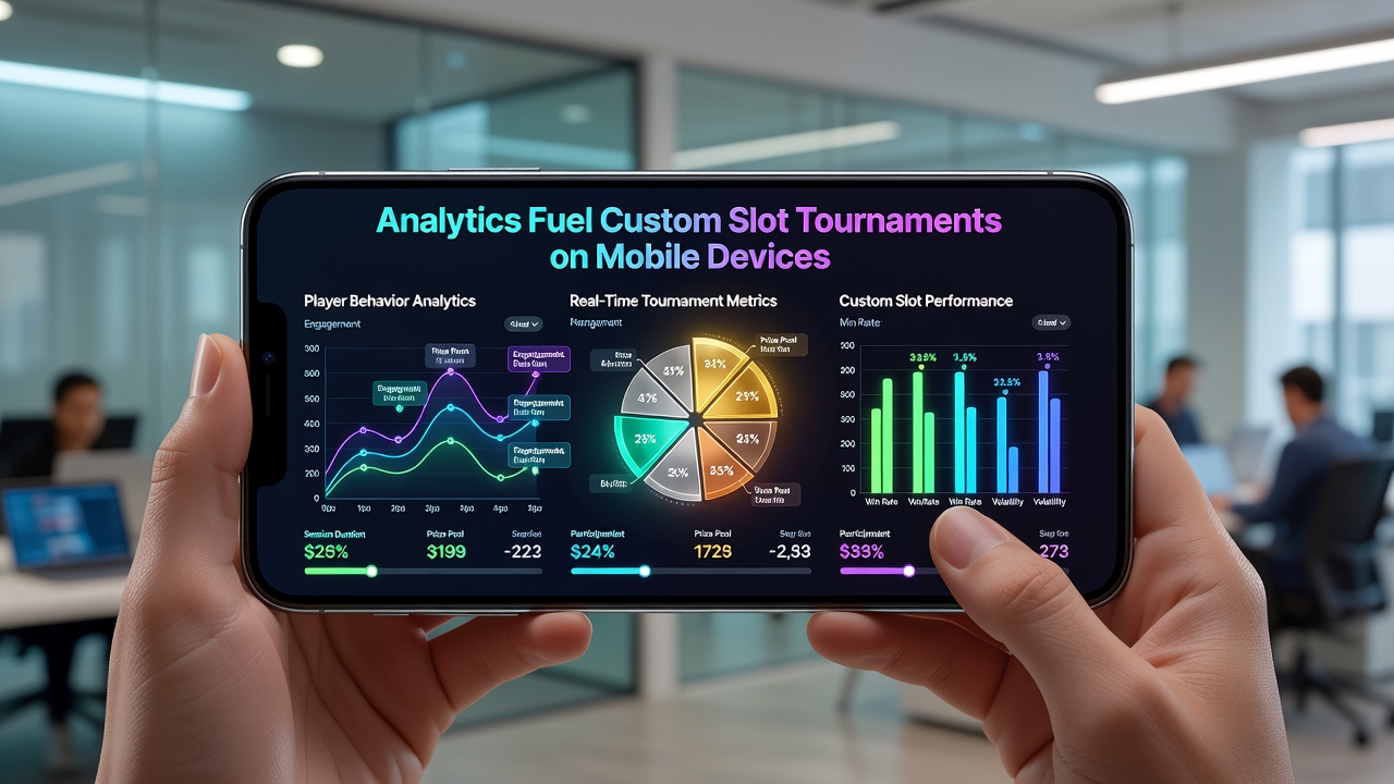 Analytics dashboard showing player segmentation, tournament brackets, and mobile engagement statistics for slot events