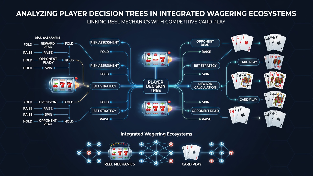 Visualization of decision tree pathways connecting slot reel outcomes to competitive card play strategies in integrated platforms