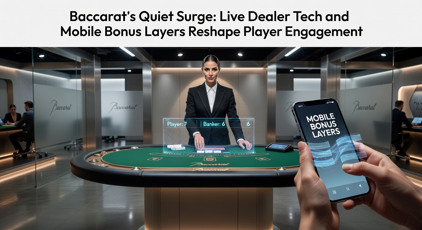 Dynamic live dealer baccarat table with mobile screens showing bonus overlays, capturing the fusion of real-time play and digital enhancements
