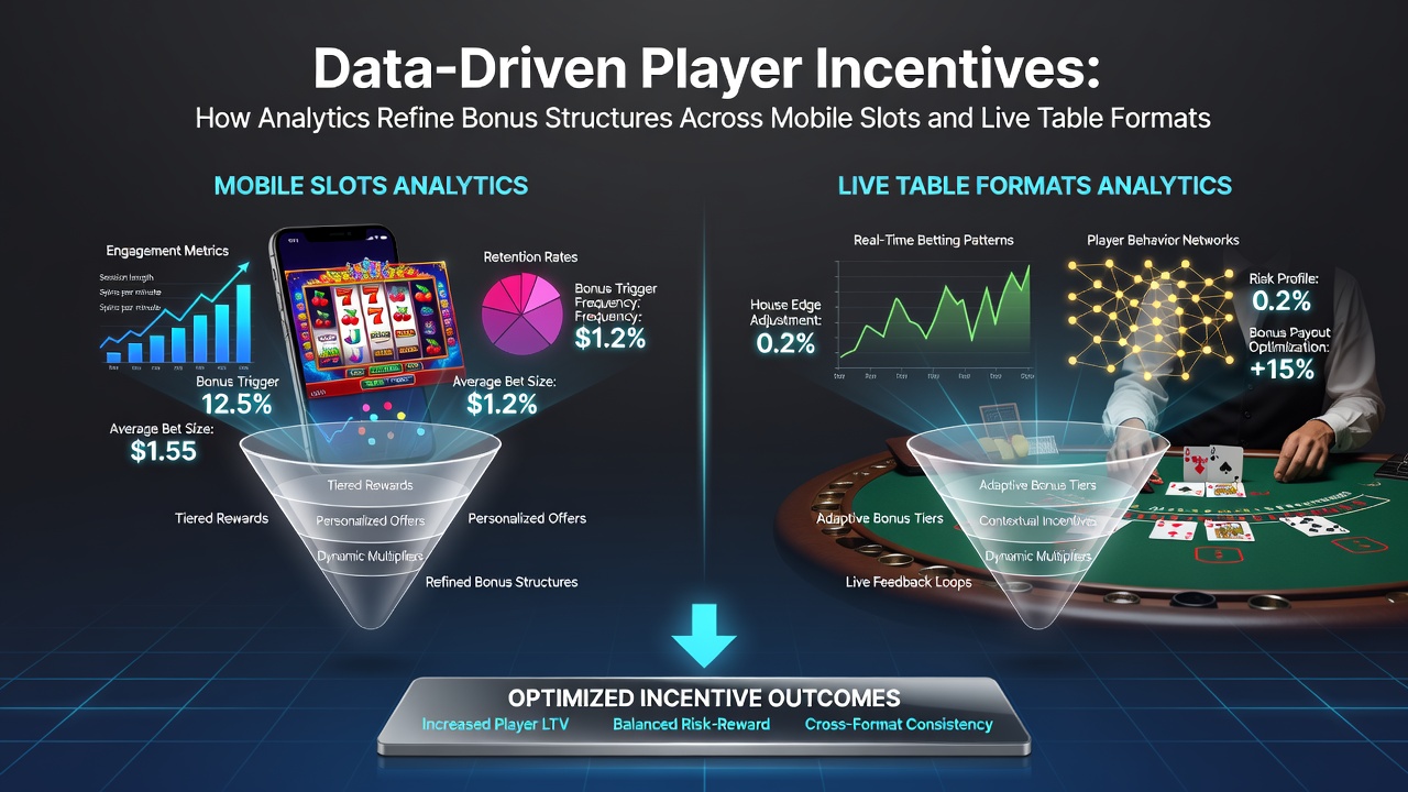 Analytics dashboard showing player data and bonus structures for mobile slots and live tables