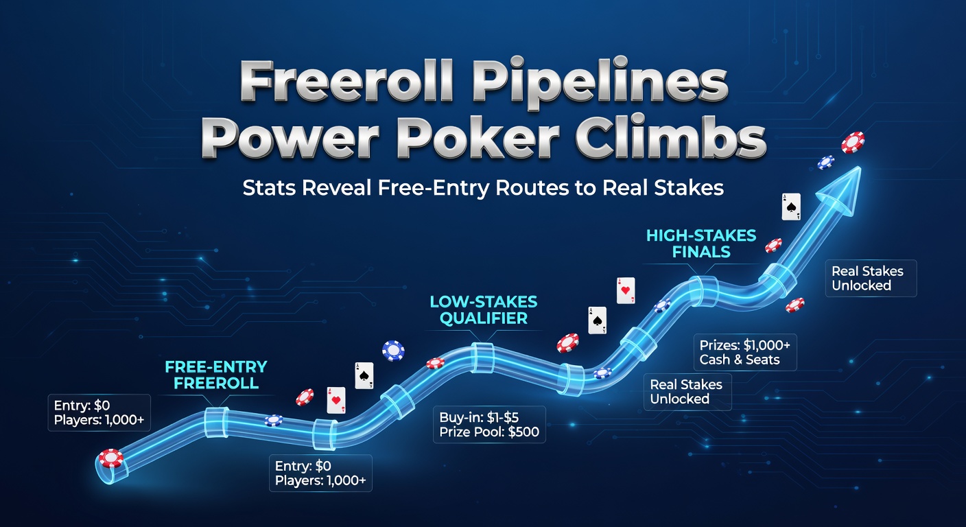 Chart displaying freeroll progression stats with upward arrows from free entries to high-stakes tournaments