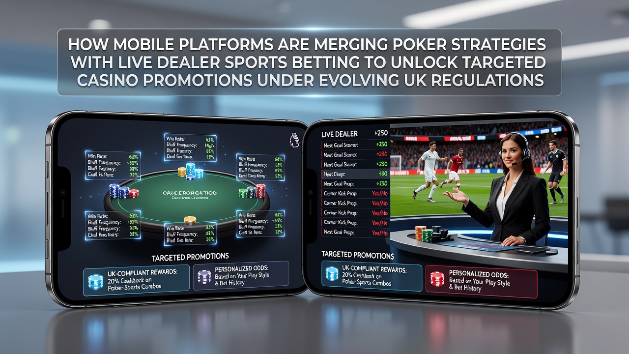 Mobile app interface showing poker hand analysis integrated with live dealer sports betting odds and personalized promotion banners