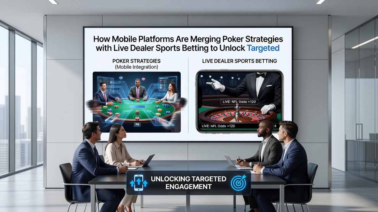 Live dealer studio with overlaid mobile analytics showing poker range charts and targeted sports betting promotions