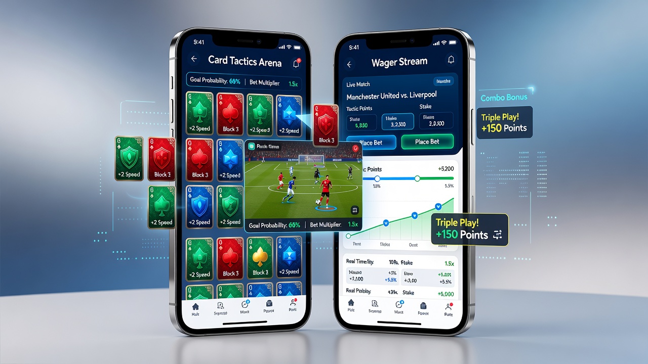 Split-screen view of mobile interface merging card probability tools with live sports odds