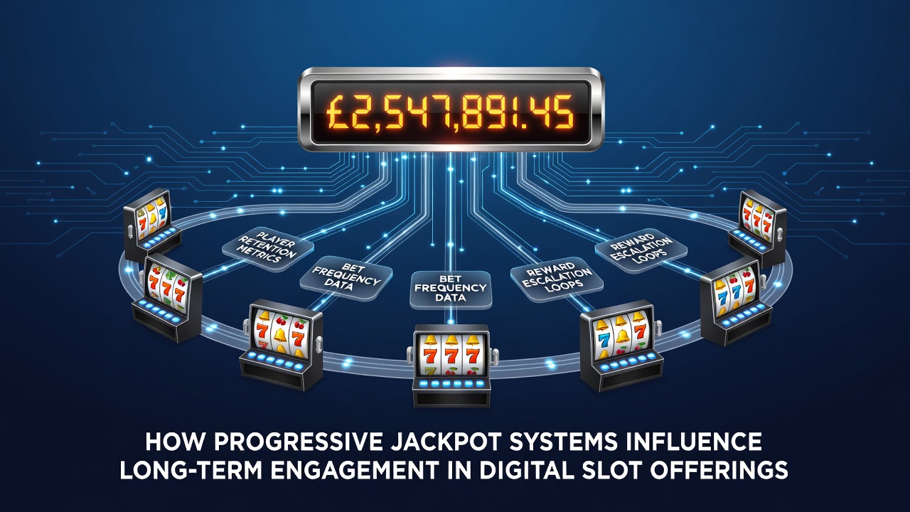Networked progressive jackpot displays on digital slot interfaces showing growing prize pools across multiple games