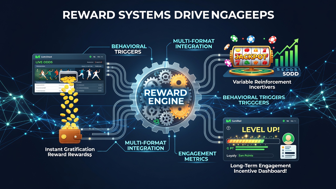 Diagram showing interconnected reward systems across slots, table games, and sports betting platforms with loyalty tiers and bonus flows