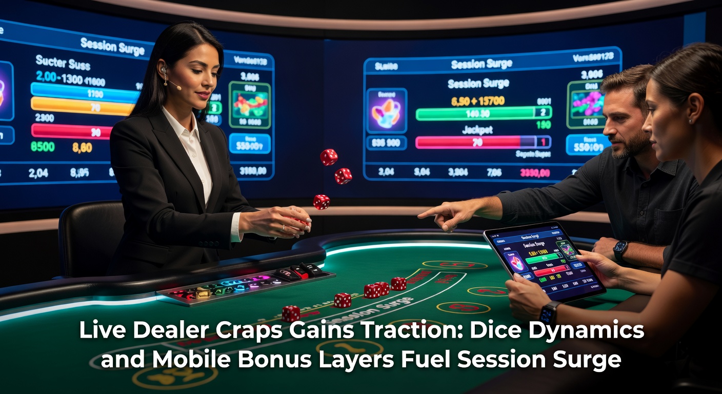 Dynamic live dealer craps table with dice mid-roll under bright casino lights, capturing the energy of real-time play