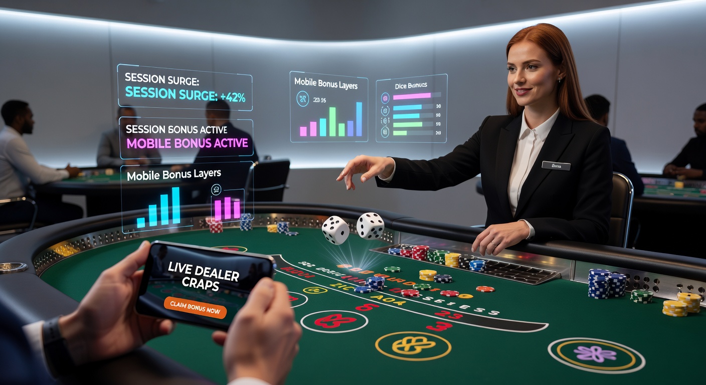 Mobile screen showing live craps with overlaid bonus notifications and reward tiers, illustrating seamless integration during play