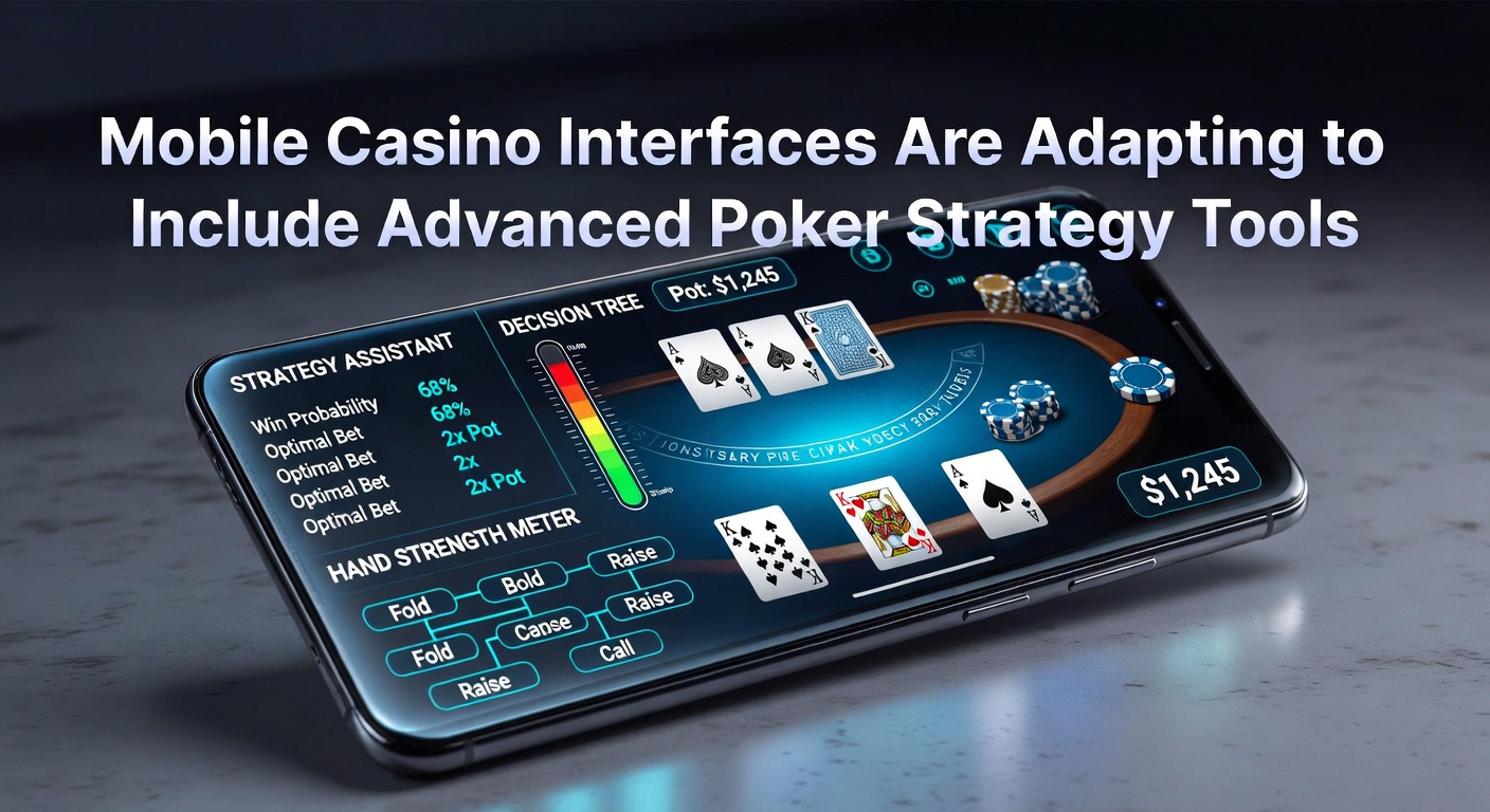 Mobile casino screen displaying integrated poker strategy tools with hand analysis overlays and real-time odds indicators