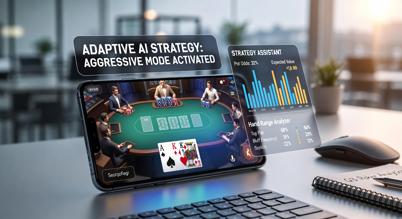 Close-up view of poker table interface on mobile device showing strategy dashboard with range charts and equity percentages