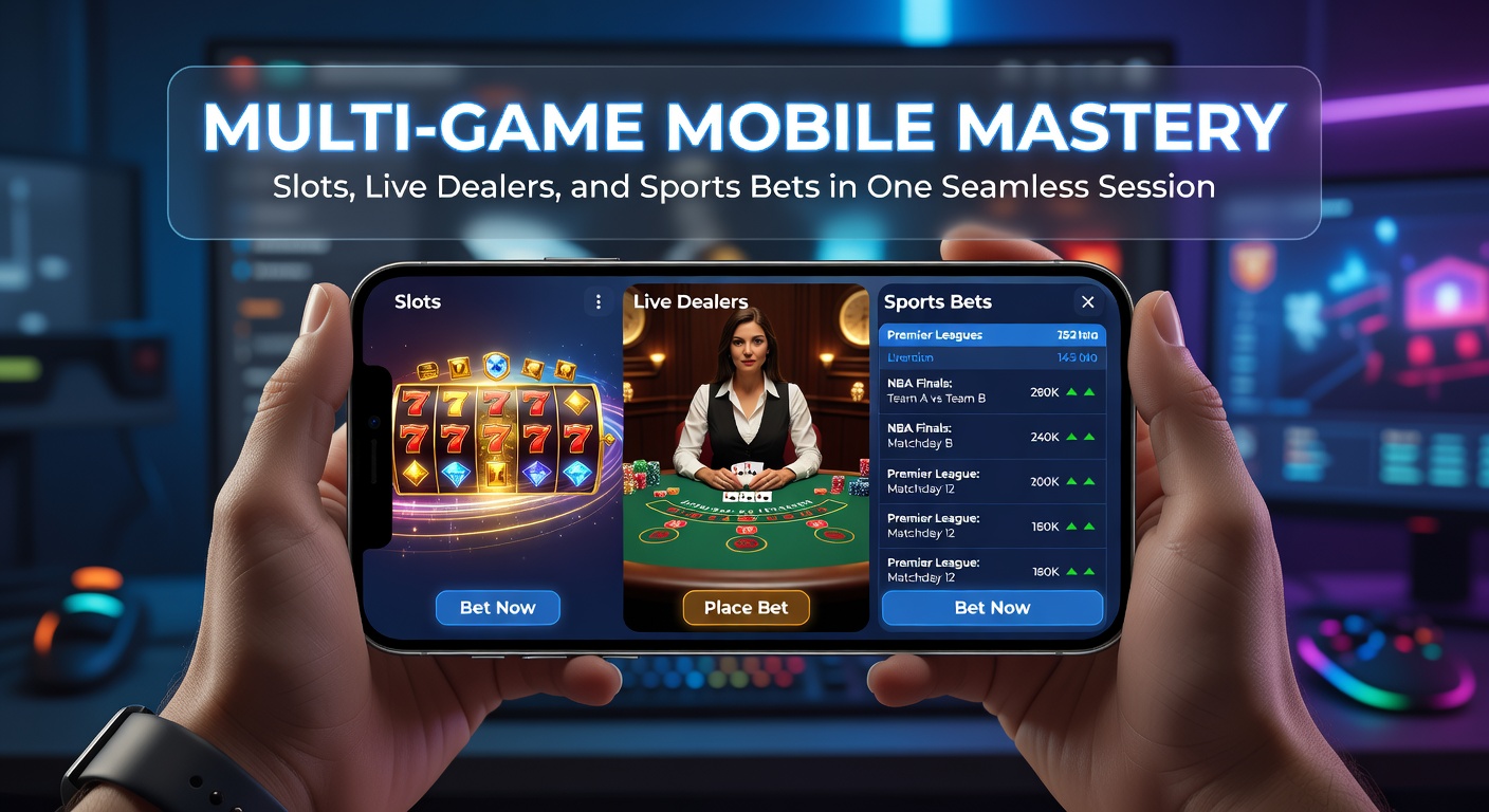 Smartphone screen displaying slots, live dealer blackjack, and sports betting odds side by side in a unified mobile app interface