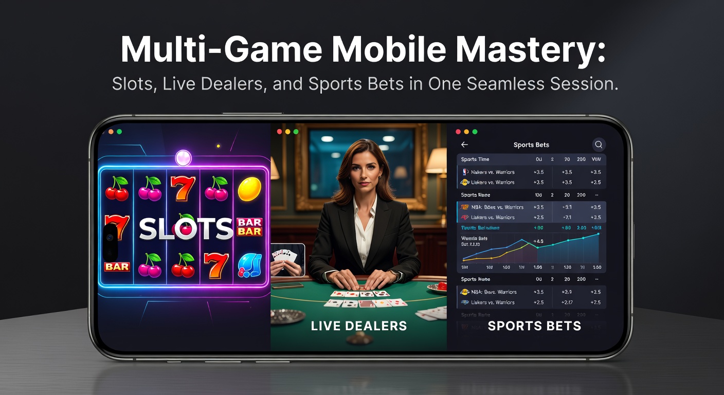 Live dealer at a blackjack table streamed to mobile, with overlaid sports betting ticker and slot reels visible in split-screen mode