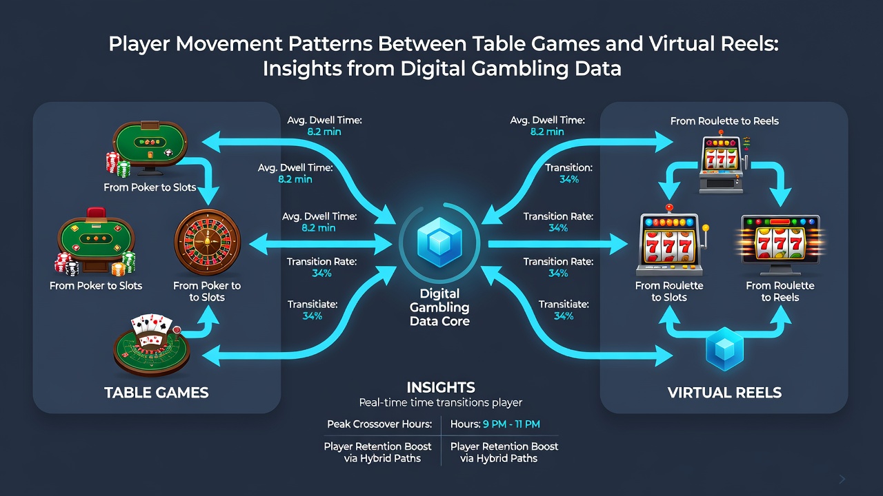 Heatmap visualization of player transitions from virtual reels to live table games based on gambling data analytics