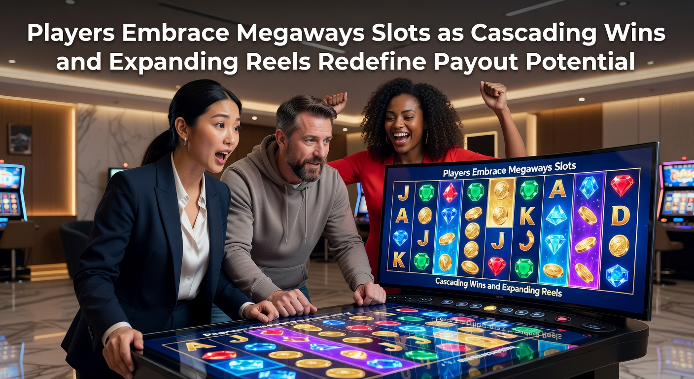Vibrant Megaways slot screen showing expanding reels and cascading wins in action, with symbols tumbling down for multiple payouts