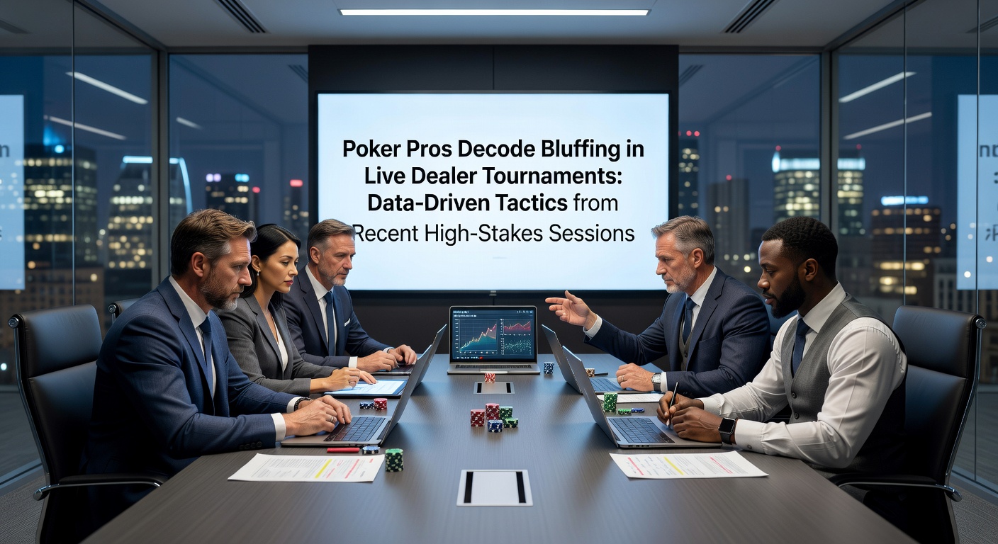 Poker pros analyzing bluffing hands at a live dealer tournament table, chips stacked high amid tense action