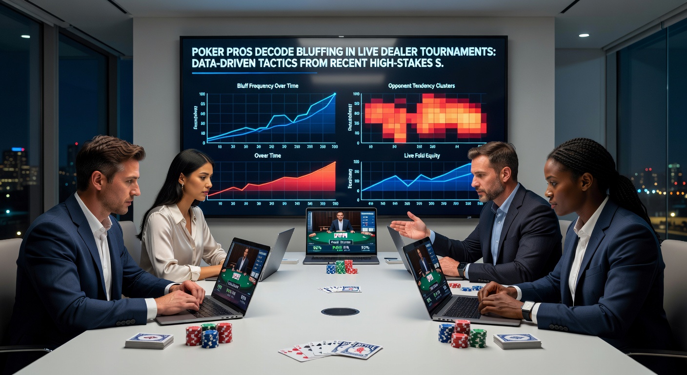 Close-up of a poker pro executing a bluff in a live dealer high-stakes tournament, dealer cards visible on screen