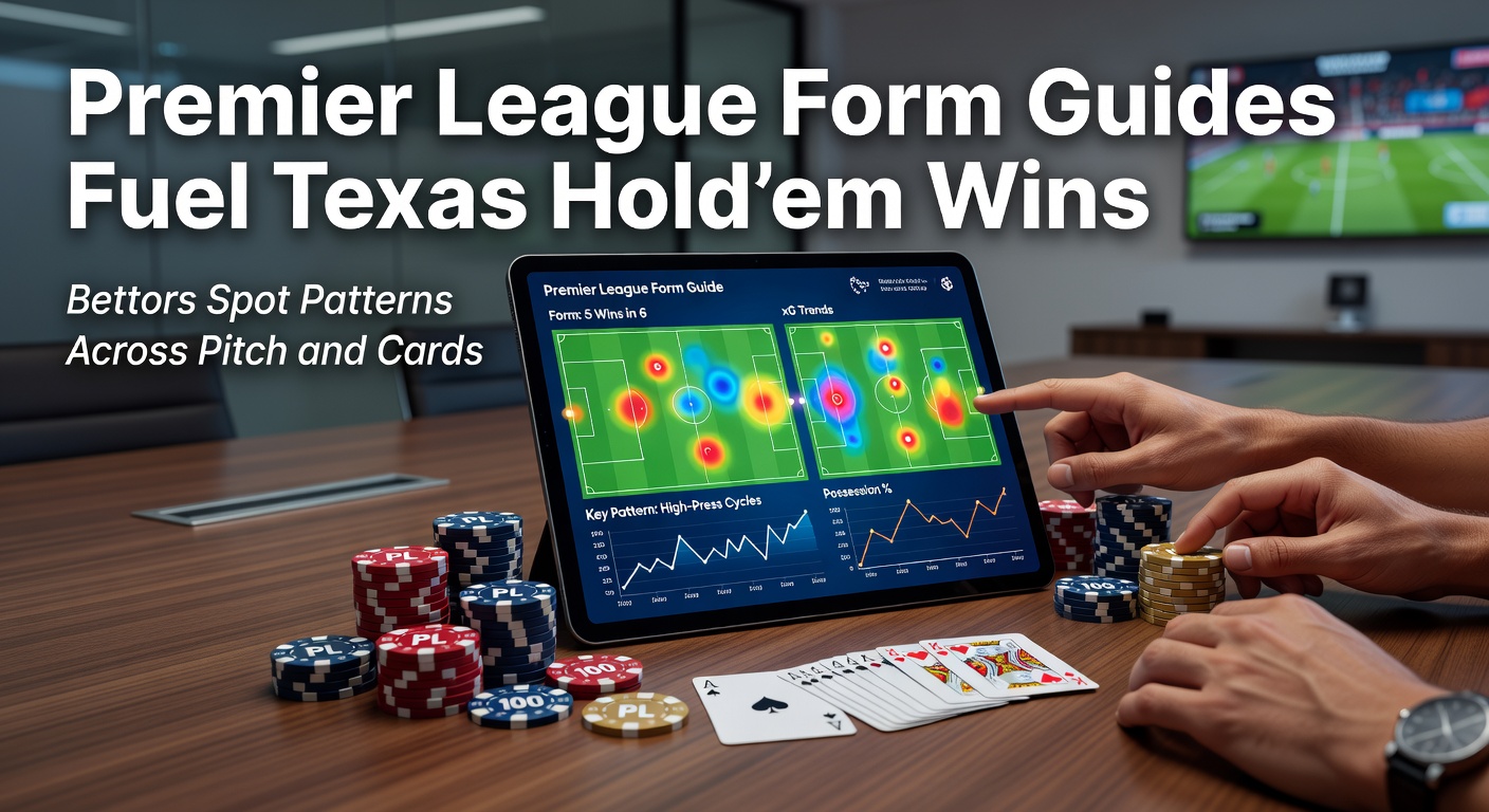 Bettors poring over Premier League form guides next to Texas Hold'em hands on a digital screen, highlighting pattern overlaps between football stats and poker strategies