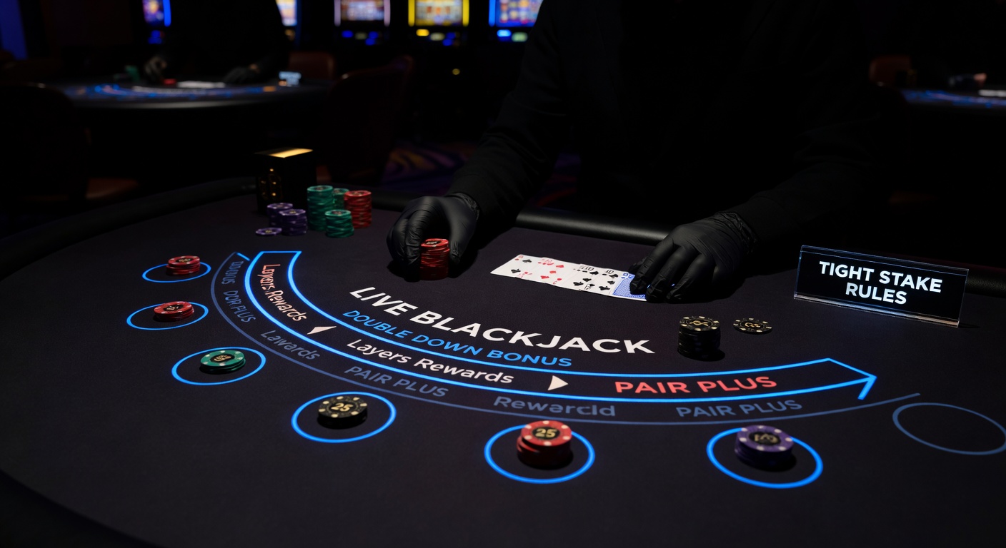 Close-up of live blackjack interface displaying multiple side bet windows with active wagers and payout tables, amid a bustling virtual casino environment