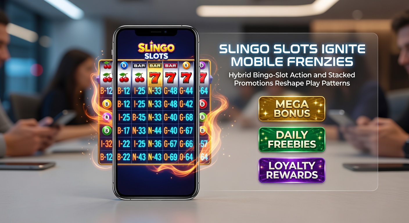 Vibrant Slingo slot interface on a mobile screen, displaying a 5x5 bingo grid merged with spinning reels and glowing win lines