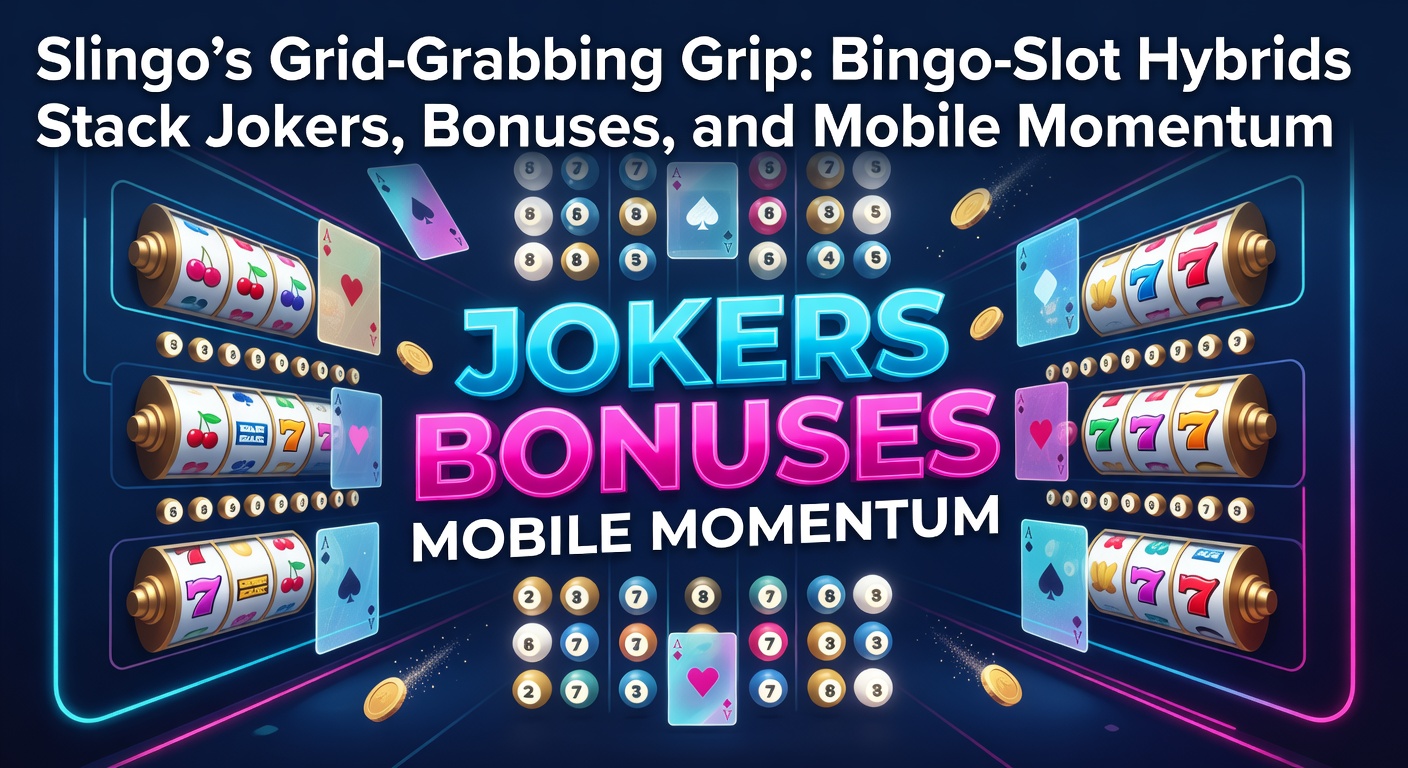 Vibrant Slingo game screen showing a 5x5 bingo grid filled with matched numbers, colorful jokers, and exploding bonus symbols amid slot reels spinning above