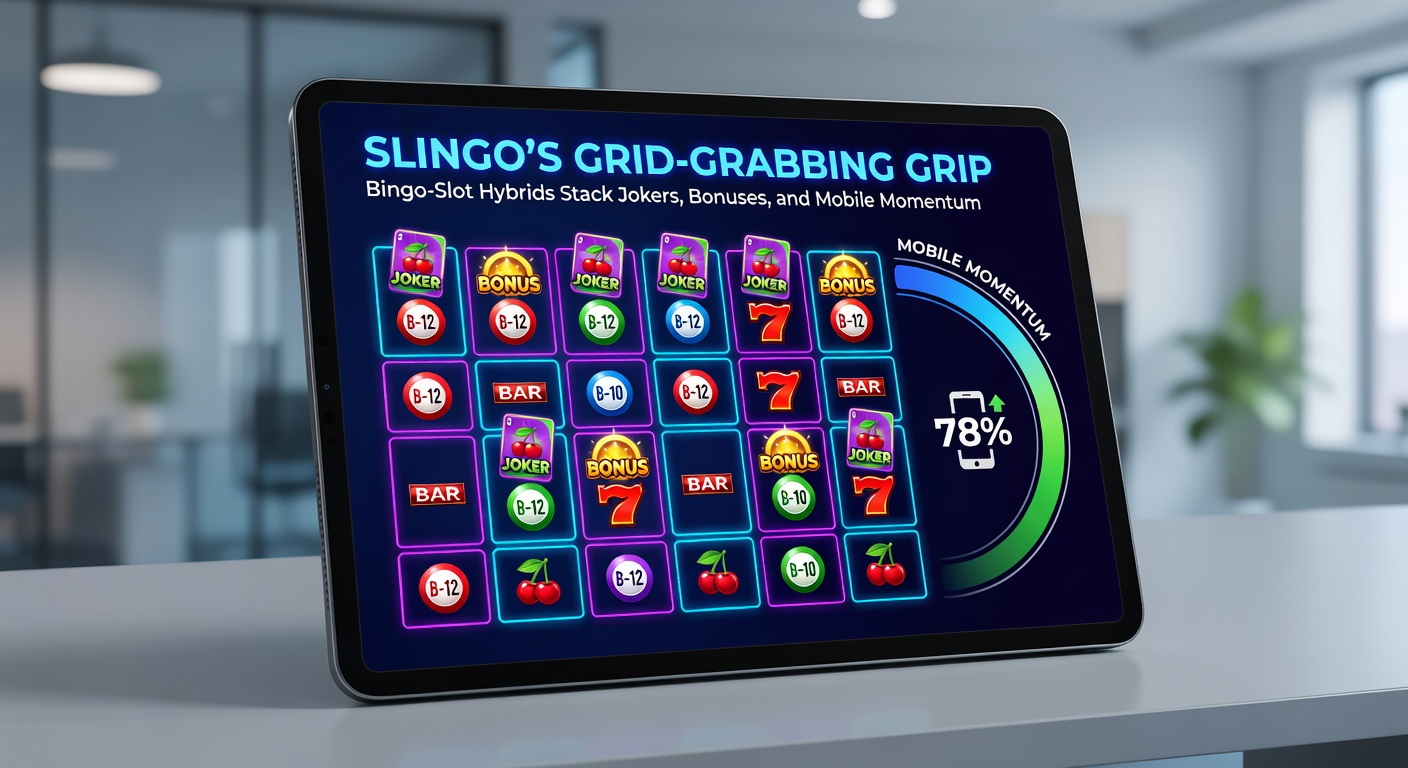 Mobile phone displaying Slingo app in action, with a glowing grid, stacked jokers substituting numbers, and bonus meters filling amid touch controls and vibrant animations