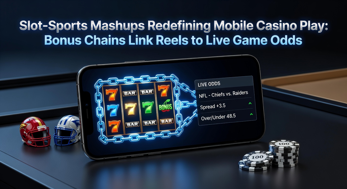 Vibrant mobile casino interface displaying slot reels synced with live sports betting odds, bonus chain multipliers glowing amid football match highlights