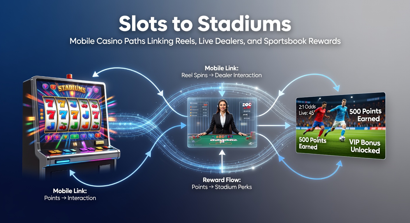 Dynamic graphic showing a player's journey on a mobile app: slot reels spinning, transitioning to a live dealer roulette wheel, then overlaying sportsbook odds for a major football match