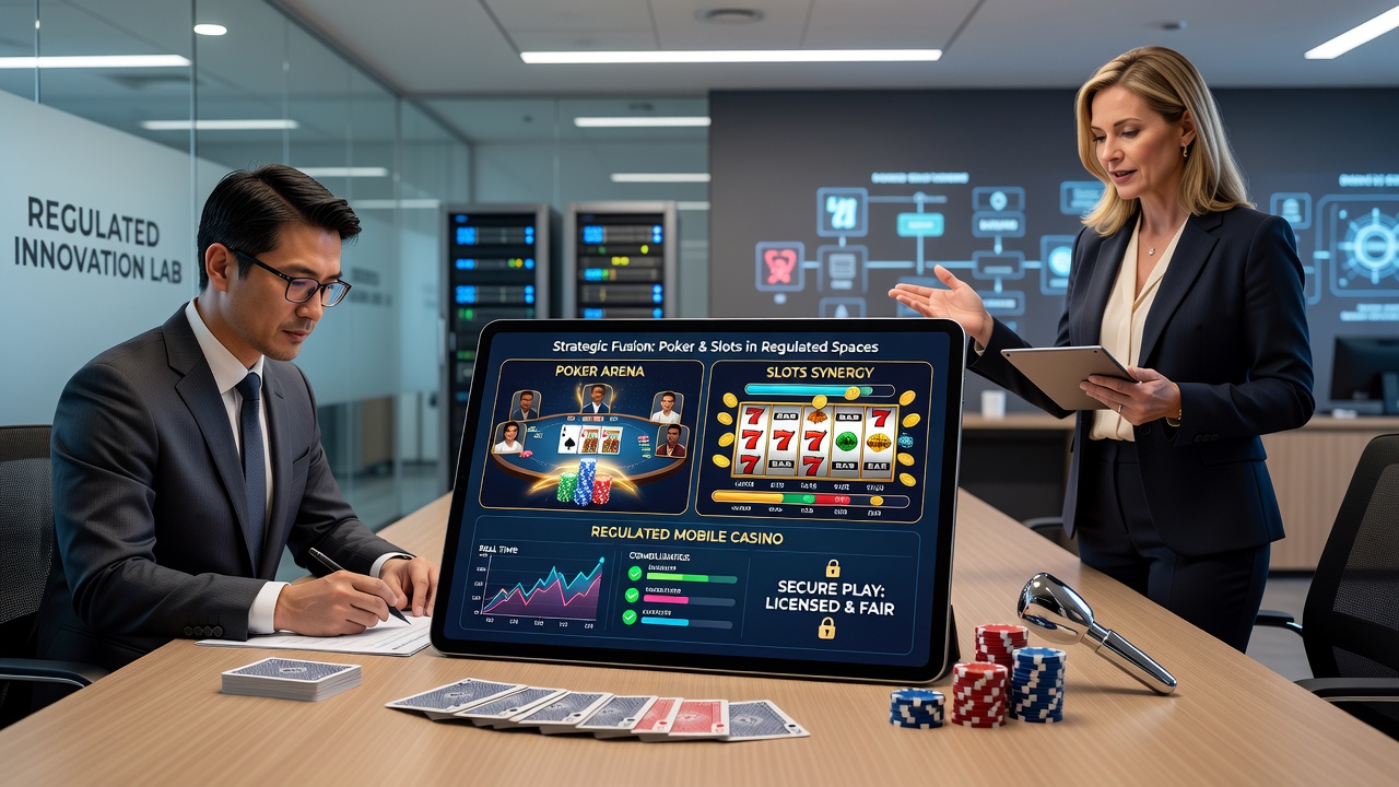 Close-up of a mobile device displaying a hybrid poker-slot game with strategy prompts and reel animations