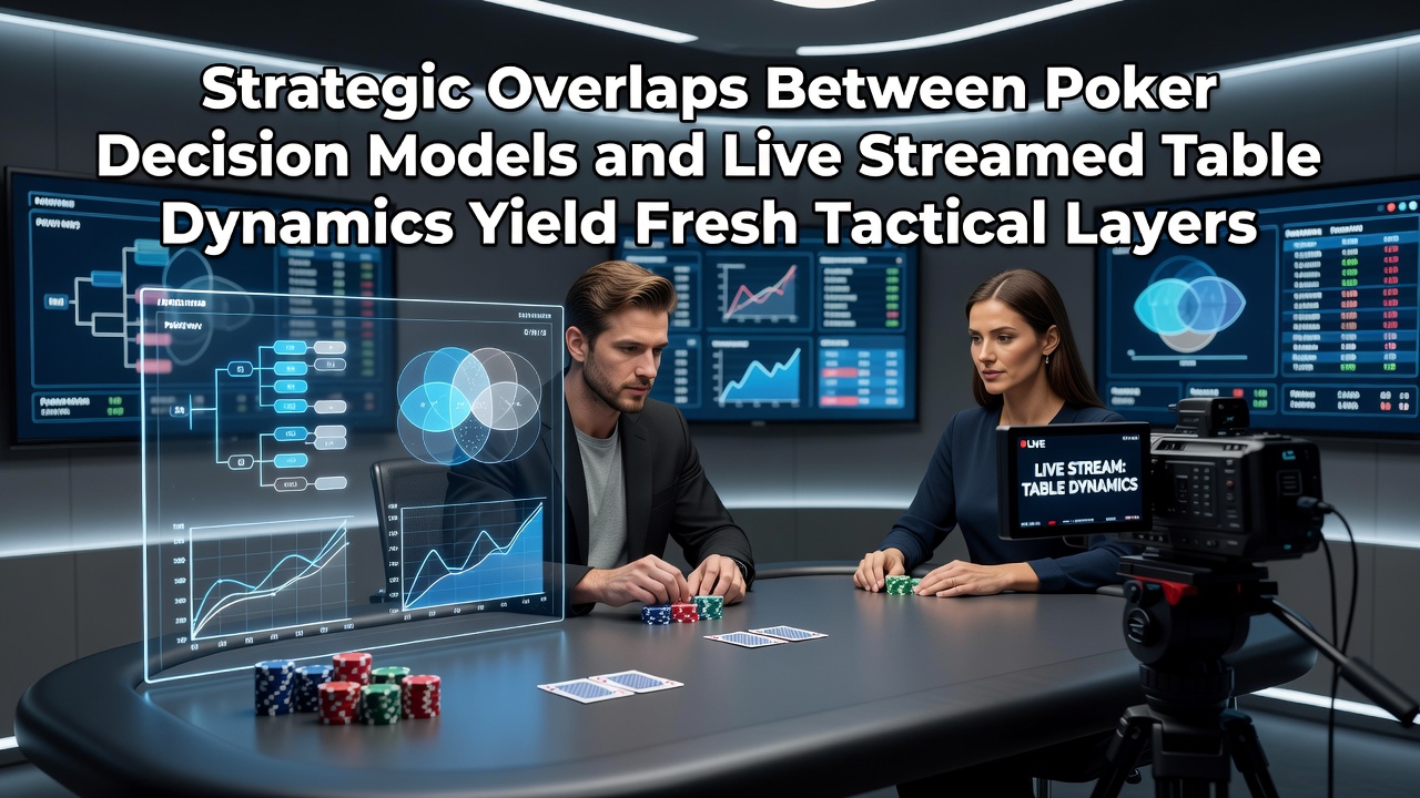 Poker players analyzing decision models alongside live streamed table interfaces showing real-time betting patterns