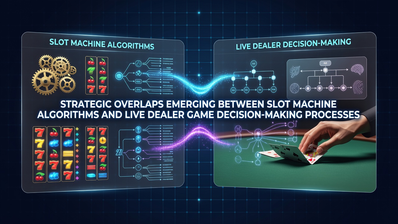 Visual representation of slot machine algorithms overlapping with live dealer decision processes in casino environments
