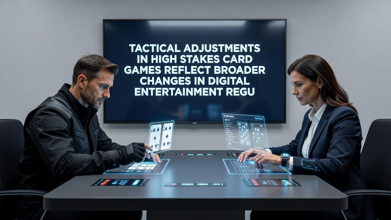 Digital card game interface displaying regulatory compliance metrics and player analytics