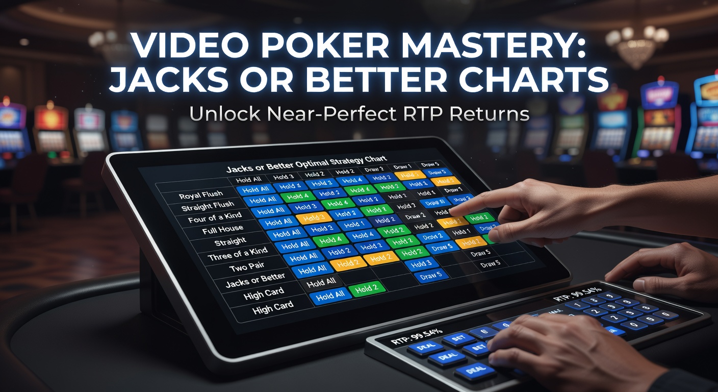 Video poker screen showing a dealt hand of four spades to the Jack alongside a printable strategy chart for quick reference during play